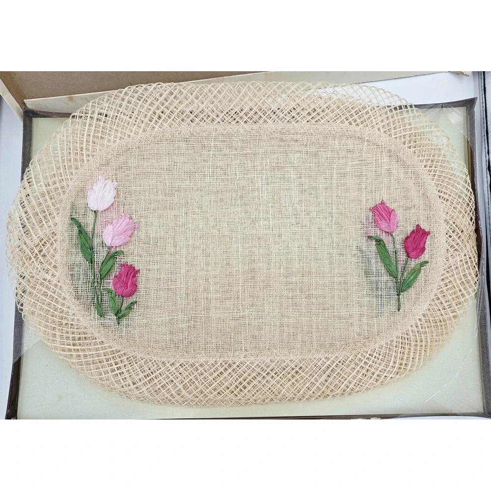 Handwoven Raffia Straw Oval Placemats Round Coasters Embroidered Pink Tulip 4 ea